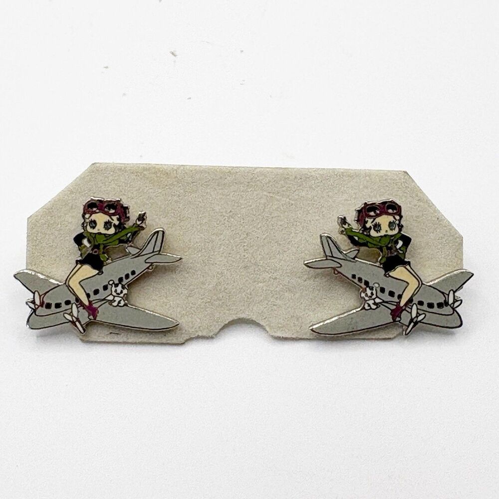 Betty Boop Riding An Airplane Pierced Stud Earrings Aviation Aviator